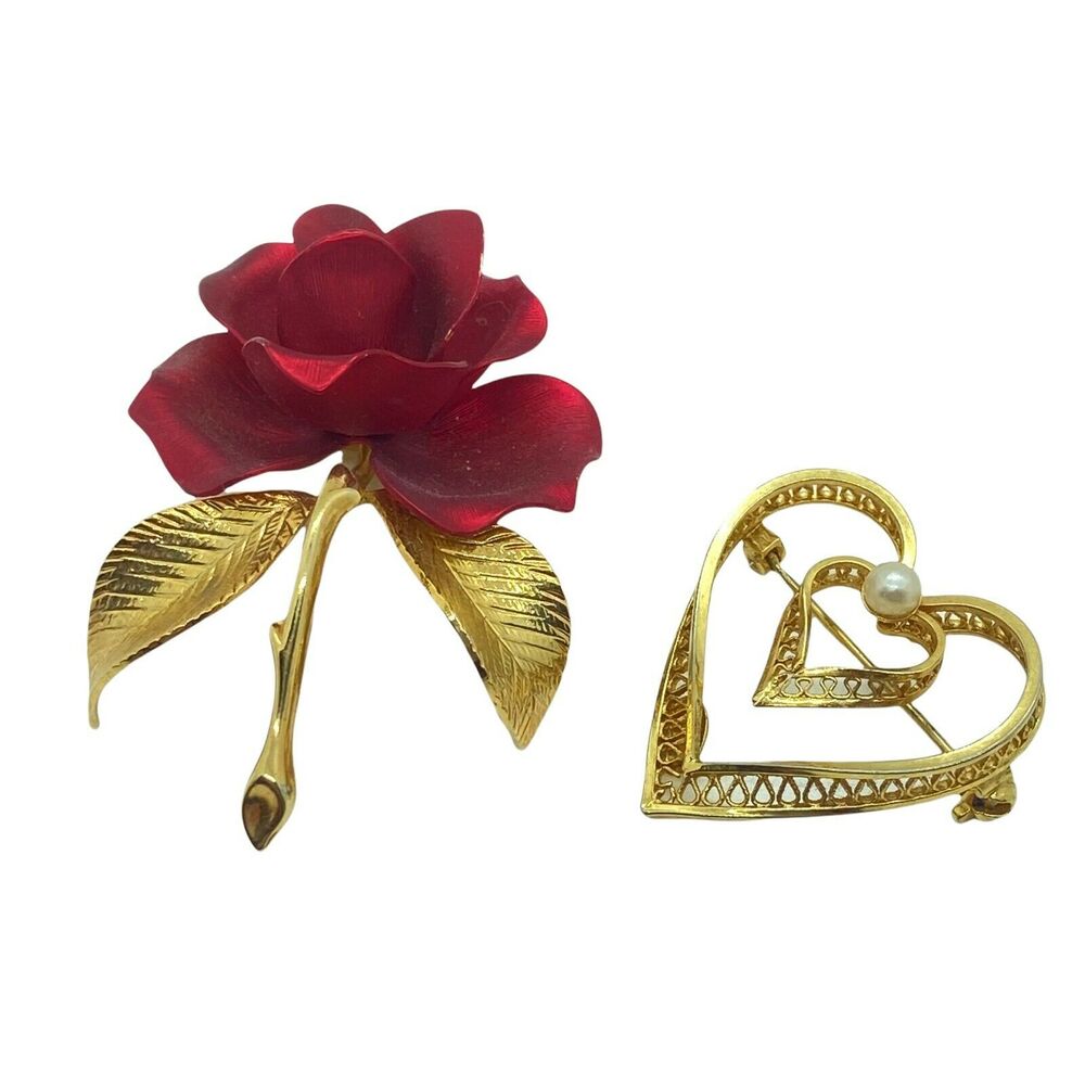 Brooch Pin Gold Filled Heart, Rose Retro Fashion Shaped C Clasp Set Of Two